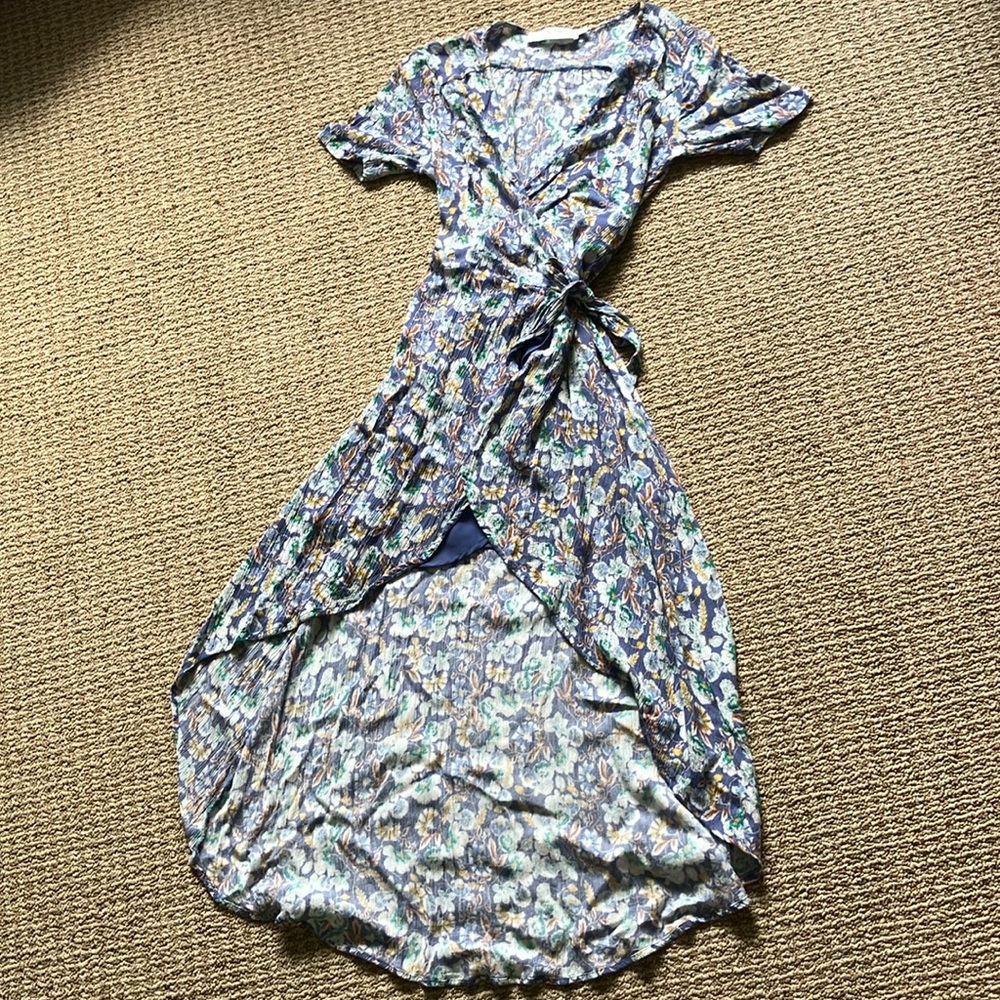 ASTR Womens Small Dress Blue Floral Woven High Low Wrap Tie Waist V Neck Small